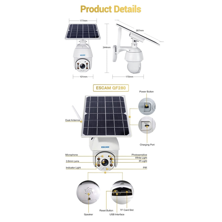 ESCAM QF280 HD 1080P IP66 Waterproof WiFi Solar Panel PT IP Camera with Battery, Support Night Vision / Motion Detection / TF Card / Two Way Audio, with Battery ESCAM QF280 HD 1080P IP66 Waterproof WiFi Solar Panel PT IP Camera with Battery, Support Night Vision / Motion Detection / TF Card / Two Way Audio, with Battery